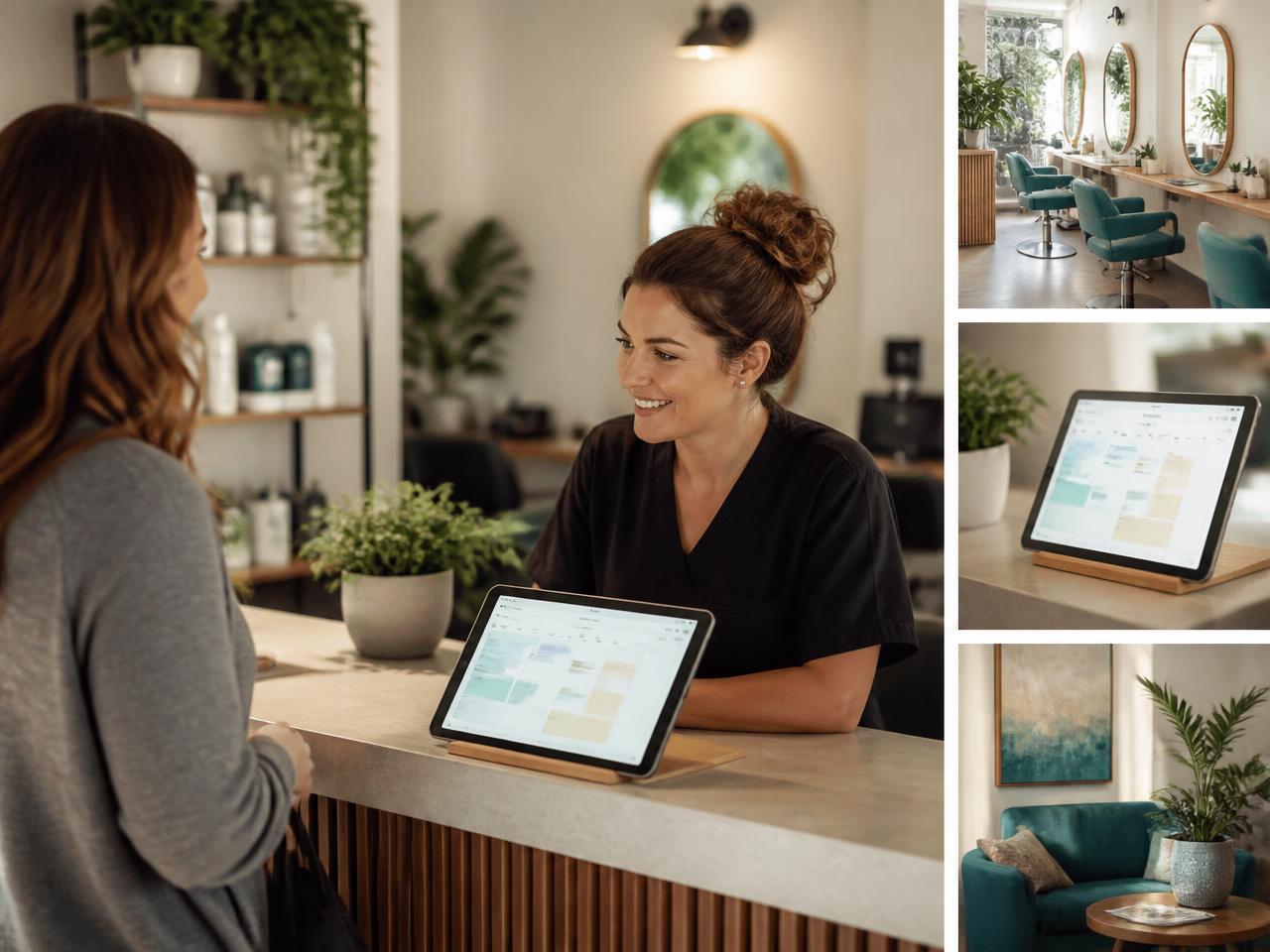Recepción de un negocio de servicios gestionando citas en una tablet